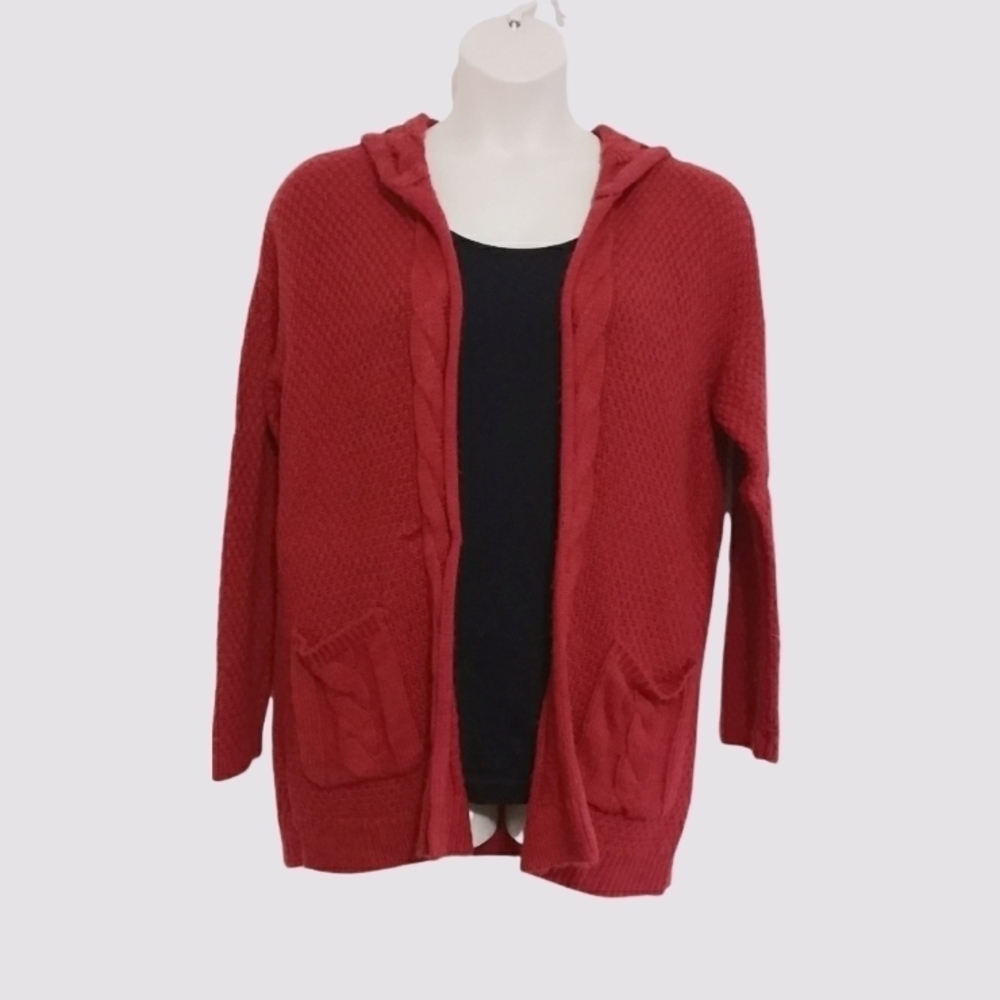 Christopher & Banks Women's Dark Red Open Hooded Knit Sweater Cardigan